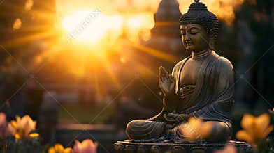 Generative AI Buddha Statue in Golden Sunset for Spiritual Contemplation and Tranquil Moments business concept.
