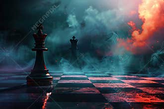 Chess piece standing on checkered game board during strategic game of chess, abstract vivid composition consists of