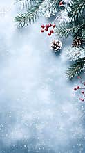 Generative AI Frosty Winter Holiday Background with Snowy Pine Branches and Pinecone business concept.
