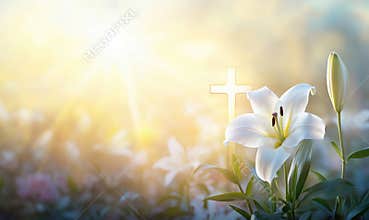 White lily flower symbolizing purity and resurrection with cross in soft sunlight background, representing hope and