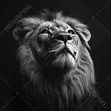 A close-up portrait of a curious lion with a dark brown mane against a black background