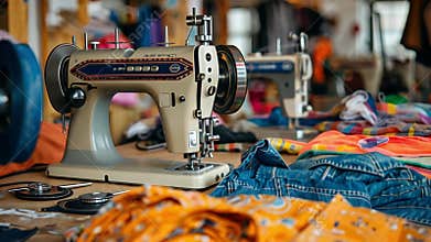A vibrant sewing workshop with vintage sewing machines and colorful fabrics during the afternoon in a creative studio