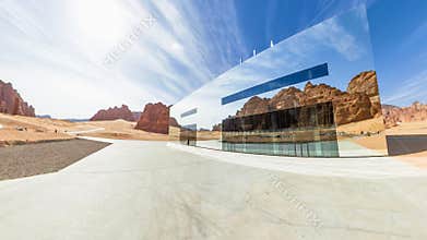 Maraya Concert Hall reflecting sandstone mountains in Alula, Saudi Arabia