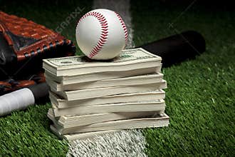 Baseball on a pile of money on grass field with a bat and mitt at a low angle view