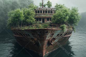 Abandoned ship overgrown with plants in a tranquil bay showcasing nature’s reclamation of man-made structures