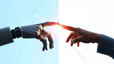 White cyborg robotic hand pointing his finger to human hand with stretched finger - cyber la creation - isolated on free