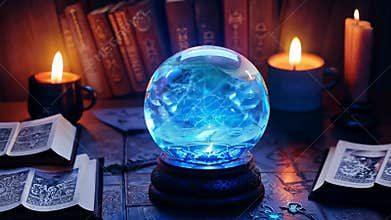 Glowing blue magical crystal ball on a table in a witch's lair surrounded by candles.