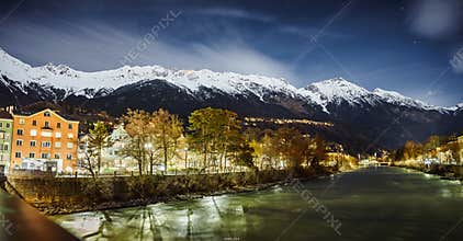 Snowy mountain at night, swiss alps with stars in Innsbruck Austria