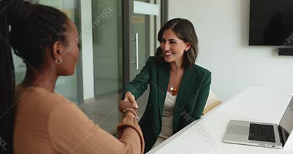Businesswoman handshaking with client or colleague finish formal meeting