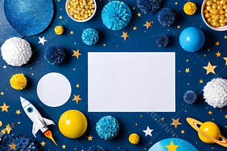 Blue background with a white paper with a rocket on it