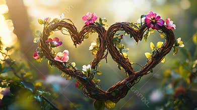 A pair of intertwined hearts made of vines and flowers, symbolizing unity and everlasting love