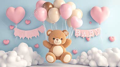 Cute Teddy Bear with Balloons in Baby Shower Setting