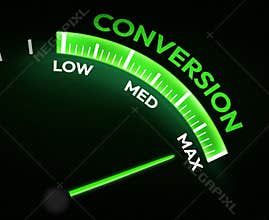 Maximum conversion in the business concept represented with needle showing full on the green glowing bar. Profitablity in business