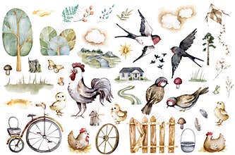 The village of watercolor. Nature, landscape, garden and birds.