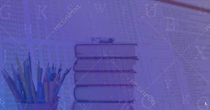 Image of financial data processing over stack of books
