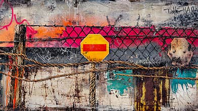Borders between countries conceptual art. Prohibition elements - yellow stop sign, metal fence. Mixed media collage