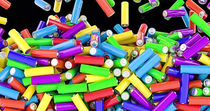 Batteries size AA, different colors falling and fill the screen. 3D animation on transparent background