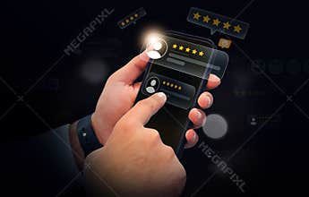 Giving five star review on the mobile screen with hovering shapes along side. Rating and reviews concept background by touching