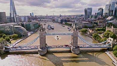 Aerial view of the Tower Bridge in London, England.