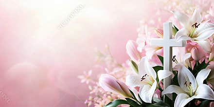 White lilies and cross symbolizing faith, purity, and resurrection against soft pink background, perfect for Easter or