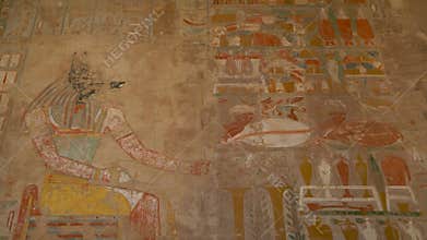 View of the wall depicting the ancient god Anubis in the Temple of Hatshepsut