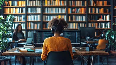 Working in a modern library environment with screens and books all around