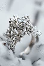 Exquisite Diamond Ring Nestled in Winter Frost