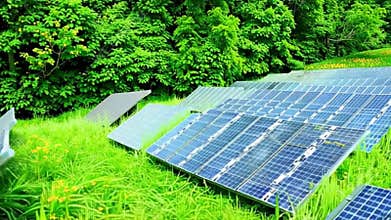 AI generated illustration of solar panels installed in grassland, with greenery background