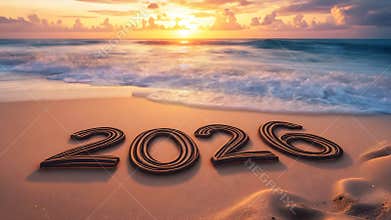 The letters 2026 written on the beach at the ocean, Happy New Year
