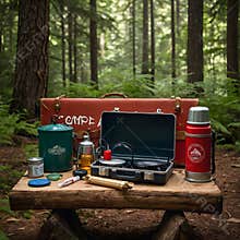 Outdoor Adventure Clipart with Camping Equipment and Serene Forest Setting