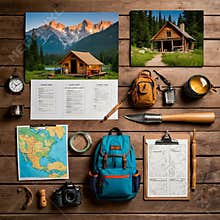Outdoor Camp Illustration with Camping Gear, Cabin Retreat, and Majestic Peaks