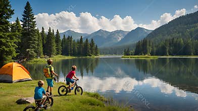 Lively Summer Camp Clipart with Kids, Campfire, and Serene Lake