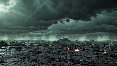 Dark Storm Clouds Over Ocean with Floating Plastic Pollution