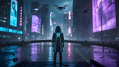 Cyberpunk City with Figure and Drones, Digital Art Scene