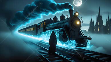 Steam Train at Night with Moon, Digital Art Scene
