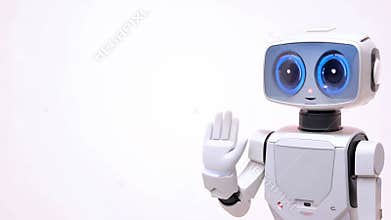 A robot with blue eyes and white body is waving