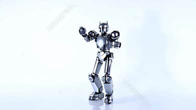A robot is standing on a white background and is holding a fist up.