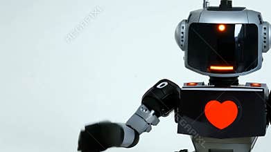 A robot with a heart on its chest is waving