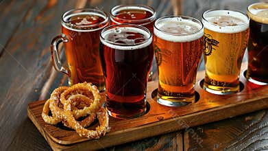 Enjoy a craft beer tasting featuring a selection of unique brews paired with a savory pretzel snack in a rustic bar