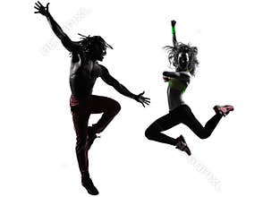 Couple man and woman exercising fitness zumba dancing silhouette
