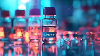 Vials labeled stem cells are illuminated by colorful lab lights, showcasing advanced research