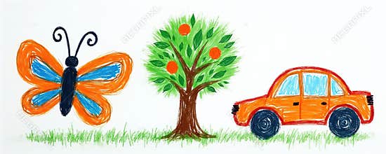 Crayon drawing of a butterfly, tree with apples, car on white. Kids art with orange butterfly, green tree with red apples, orange