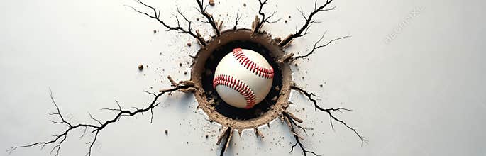 Baseball bursts through wall, breaks hole. Conceptual image of sport game with ball breaking brick plaster surface. Metaphor for