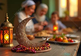 Islamic Ramadan Decorations with Carved Crescent Moon, Lanterns, and Prayer beads on Wooden Table as Family Breaks the Fast