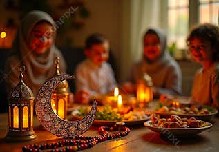 Islamic Ramadan Decorations with Carved Crescent Moon, Lanterns, and Prayer beads on Wooden Table as Family Breaks the Fast