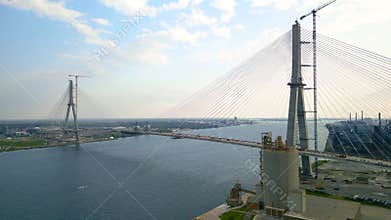 Newly constructing Gordie Howe International Bridge across USA and Canada border on Detroit river