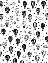 A fun coloring page for kids featuring hot air balloons in various designs, perfect for printing on a standard 8.5x11