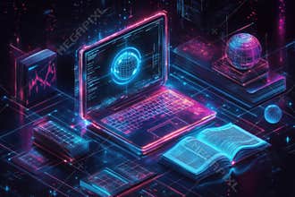 A computer monitor with a globe on it is surrounded by books