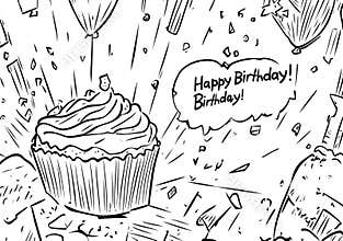 A birthday coloring page featuring black and white illustrations of balloons, candies, cupcakes, and other fun shapes to