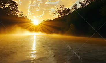 Sunrise over a misty river in a tranquil forest